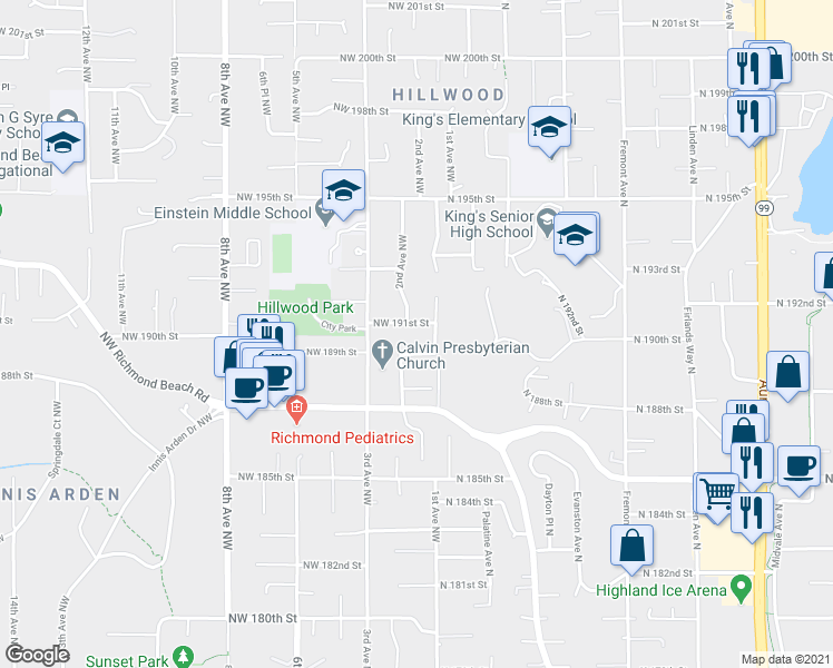 map of restaurants, bars, coffee shops, grocery stores, and more near 116 Northwest 191st Street in Shoreline