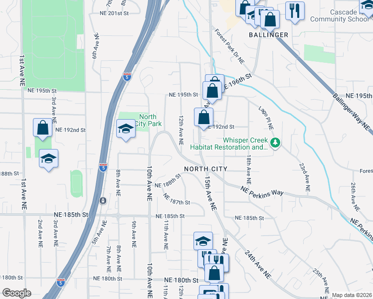 map of restaurants, bars, coffee shops, grocery stores, and more near 19010 12th Avenue Northeast in Shoreline