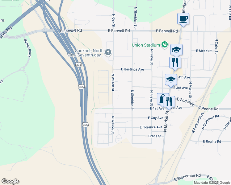 map of restaurants, bars, coffee shops, grocery stores, and more near 3300 East 3rd Court in Mead