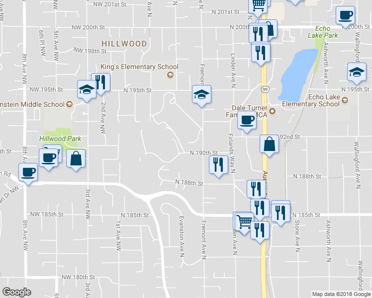 map of restaurants, bars, coffee shops, grocery stores, and more near 500 North 190th Street in Shoreline