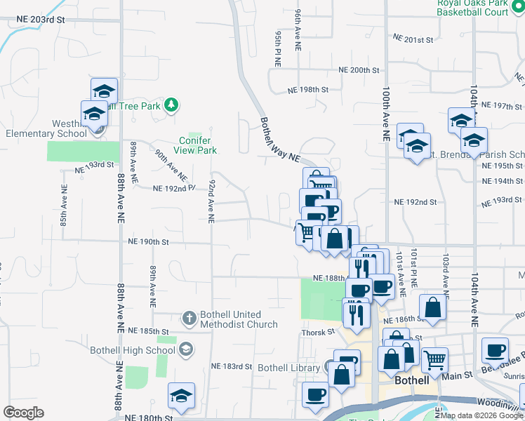 map of restaurants, bars, coffee shops, grocery stores, and more near 19130 94th Place Northeast in Bothell