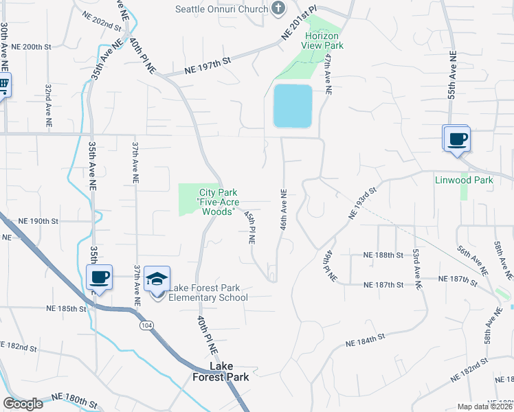 map of restaurants, bars, coffee shops, grocery stores, and more near 4524 Northeast 190th Court in Lake Forest Park