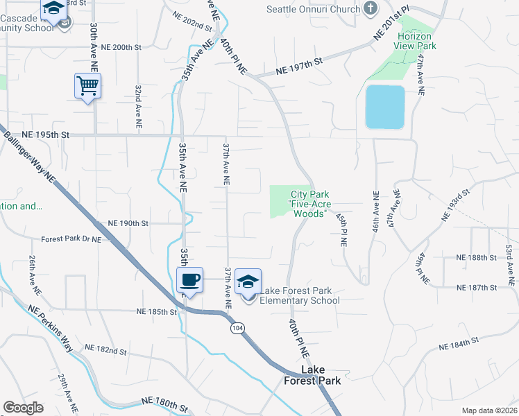 map of restaurants, bars, coffee shops, grocery stores, and more near 3739 Northeast 192nd Street in Lake Forest Park