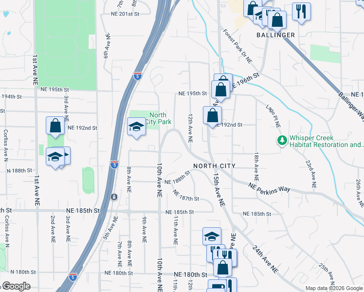 map of restaurants, bars, coffee shops, grocery stores, and more near 1121 Northeast Perkins Way in Shoreline
