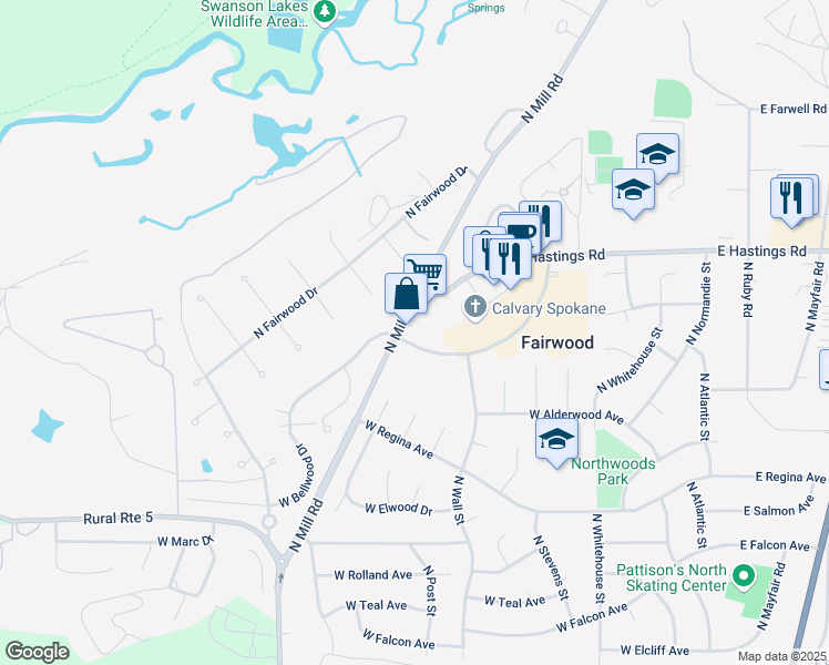 map of restaurants, bars, coffee shops, grocery stores, and more near 12130 North Mill Road in Spokane