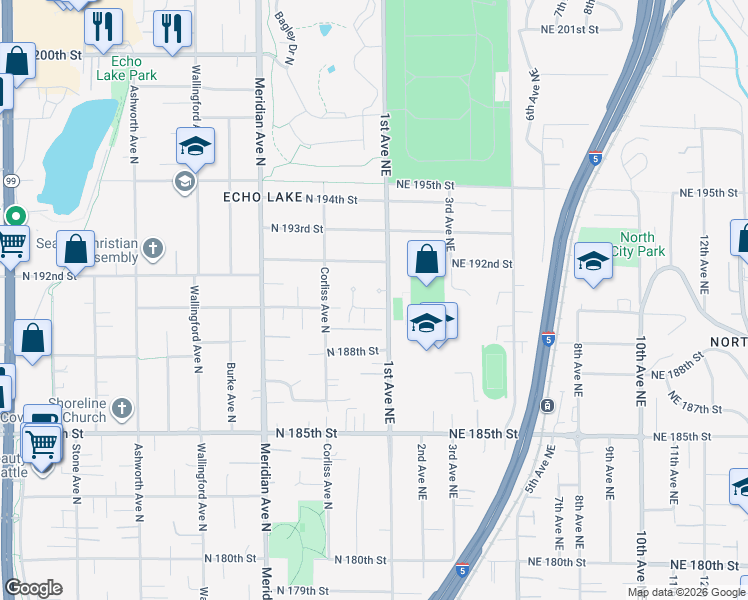 map of restaurants, bars, coffee shops, grocery stores, and more near 19016 Sunnyside Avenue North in Shoreline