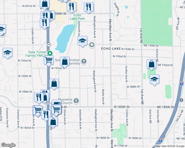 map of restaurants, bars, coffee shops, grocery stores, and more near 19001 Wallingford Avenue North in Shoreline