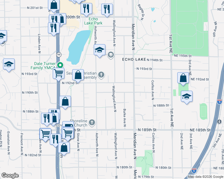 map of restaurants, bars, coffee shops, grocery stores, and more near 19001 Wallingford Avenue North in Shoreline