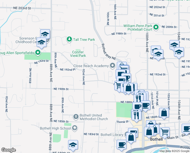 map of restaurants, bars, coffee shops, grocery stores, and more near 19200 93rd Place Northeast in Bothell