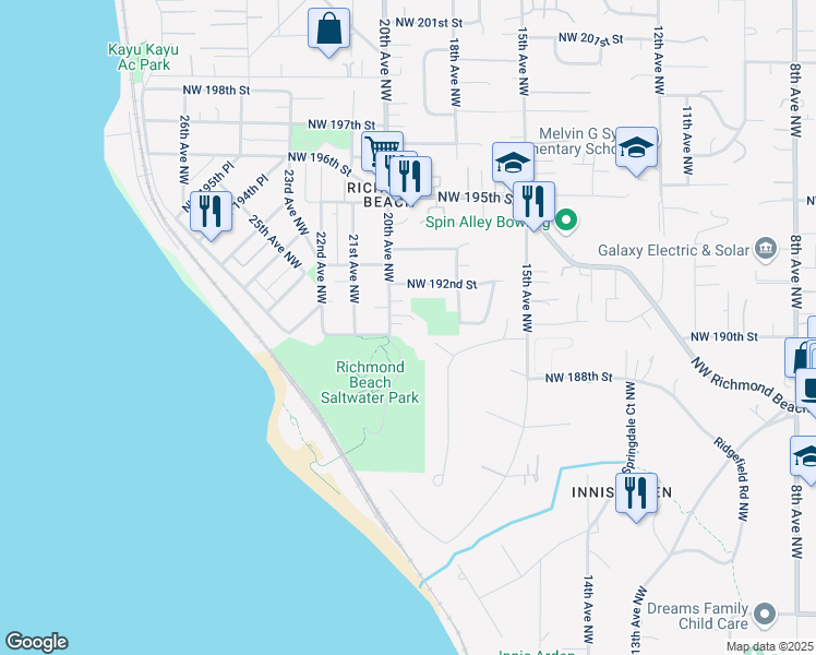 map of restaurants, bars, coffee shops, grocery stores, and more near 19010 20th Avenue Northwest in Shoreline