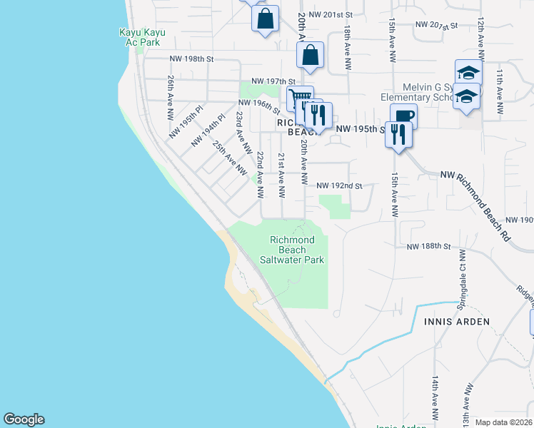 map of restaurants, bars, coffee shops, grocery stores, and more near 19018 22nd Avenue Northwest in Shoreline