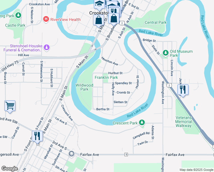 map of restaurants, bars, coffee shops, grocery stores, and more near 526 South Ash Street in Crookston