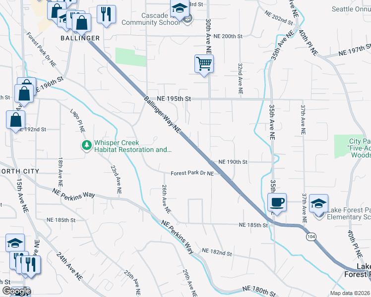 map of restaurants, bars, coffee shops, grocery stores, and more near 19115 Ballinger Way Northeast in Lake Forest Park