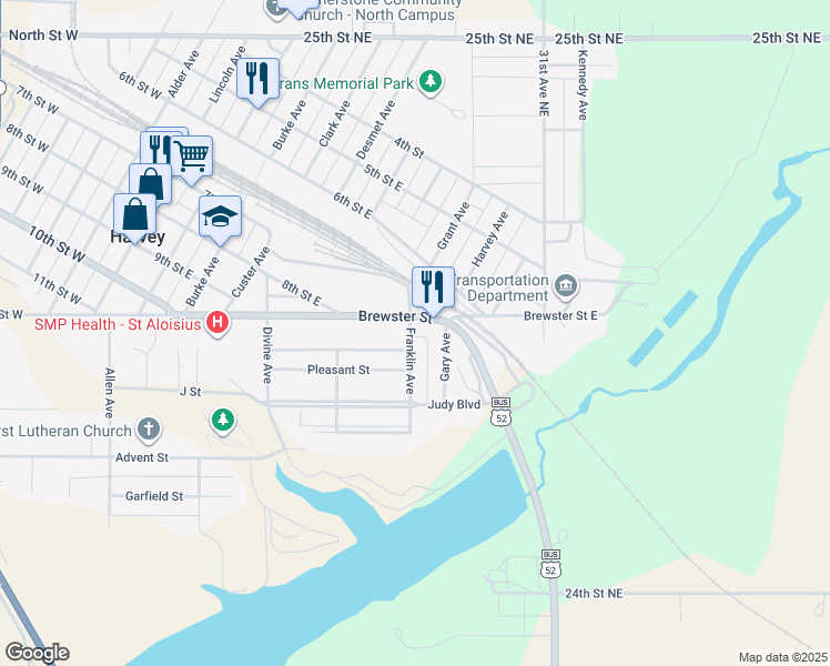 map of restaurants, bars, coffee shops, grocery stores, and more near 601-609 Brewster Street in Harvey
