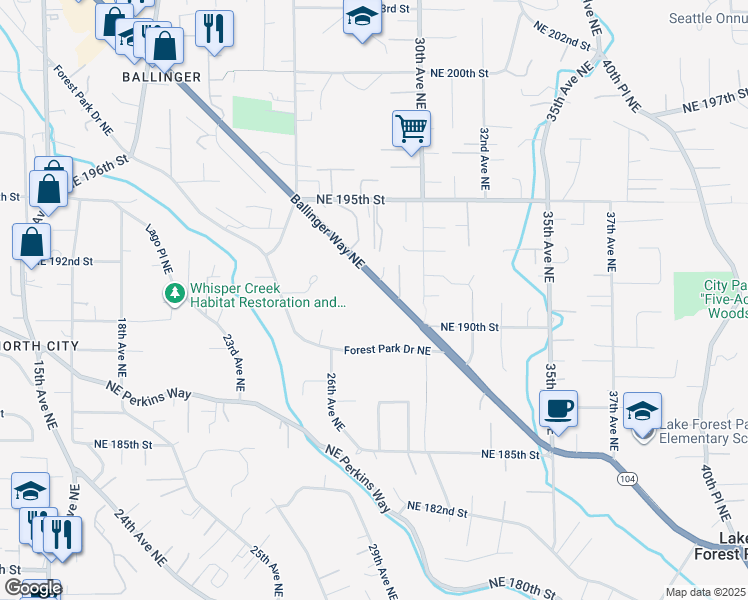 map of restaurants, bars, coffee shops, grocery stores, and more near 19123 Ballinger Way Northeast in Lake Forest Park