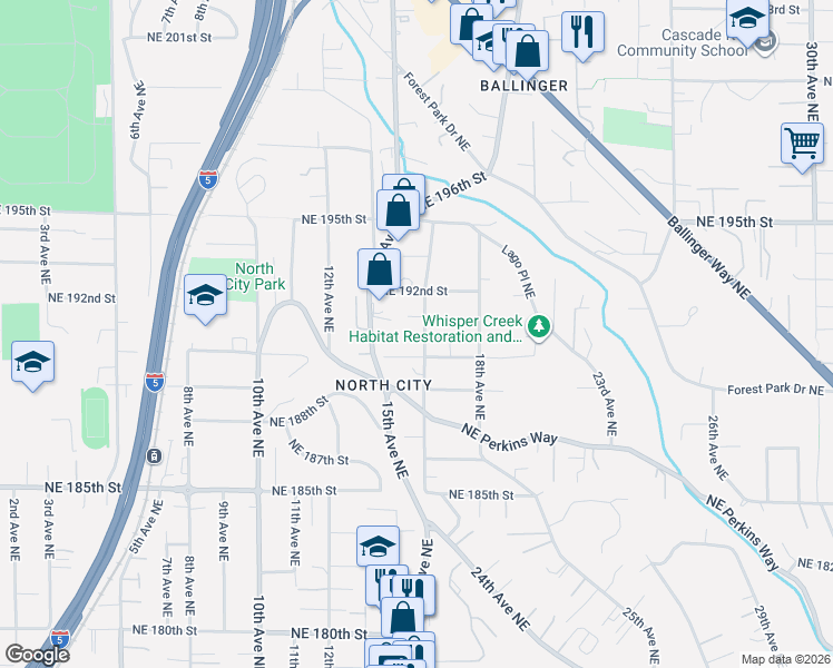 map of restaurants, bars, coffee shops, grocery stores, and more near 19015 16th Avenue Northeast in Shoreline