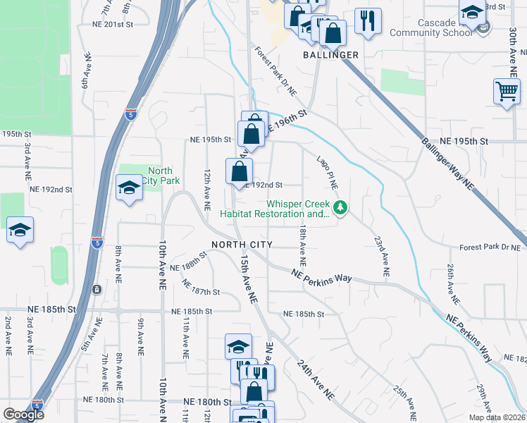 map of restaurants, bars, coffee shops, grocery stores, and more near 19015 16th Avenue Northeast in Shoreline