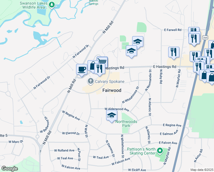 map of restaurants, bars, coffee shops, grocery stores, and more near 423 West Bellwood Drive in Spokane