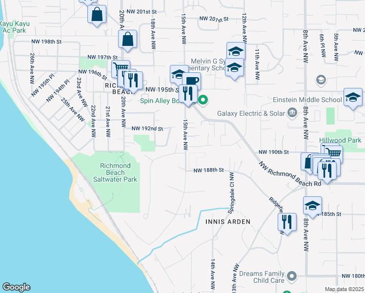 map of restaurants, bars, coffee shops, grocery stores, and more near 19103 15th Avenue Northwest in Shoreline