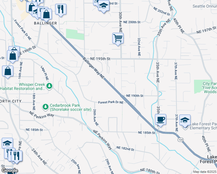 map of restaurants, bars, coffee shops, grocery stores, and more near 19125 Ballinger Way Northeast in Seattle