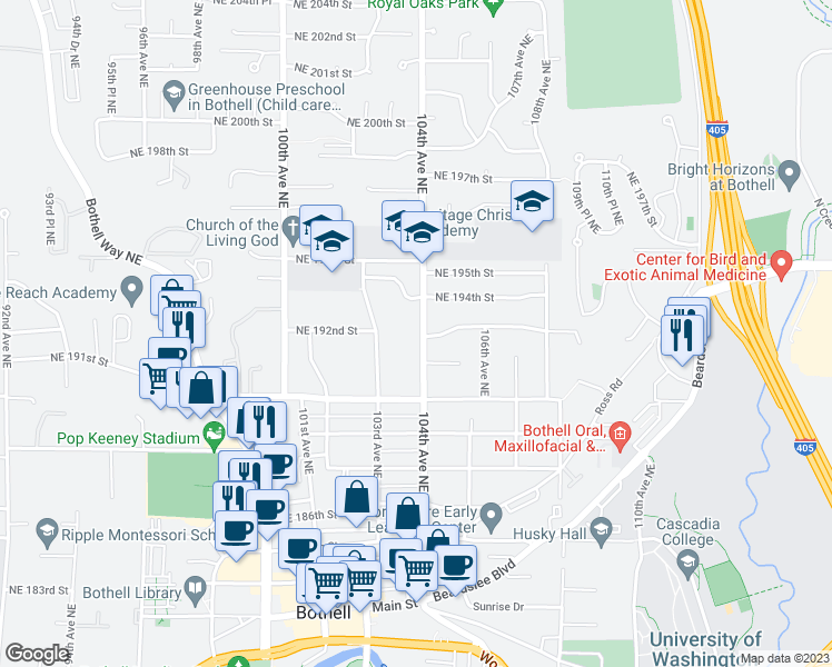 map of restaurants, bars, coffee shops, grocery stores, and more near 19115 104th Avenue Northeast in Bothell