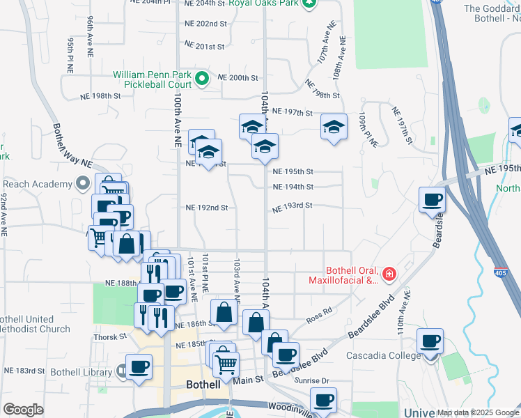 map of restaurants, bars, coffee shops, grocery stores, and more near 19115 104th Avenue Northeast in Bothell