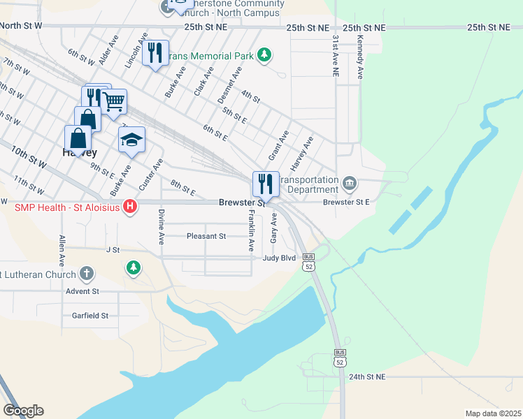 map of restaurants, bars, coffee shops, grocery stores, and more near 601 Brewster Street in Harvey