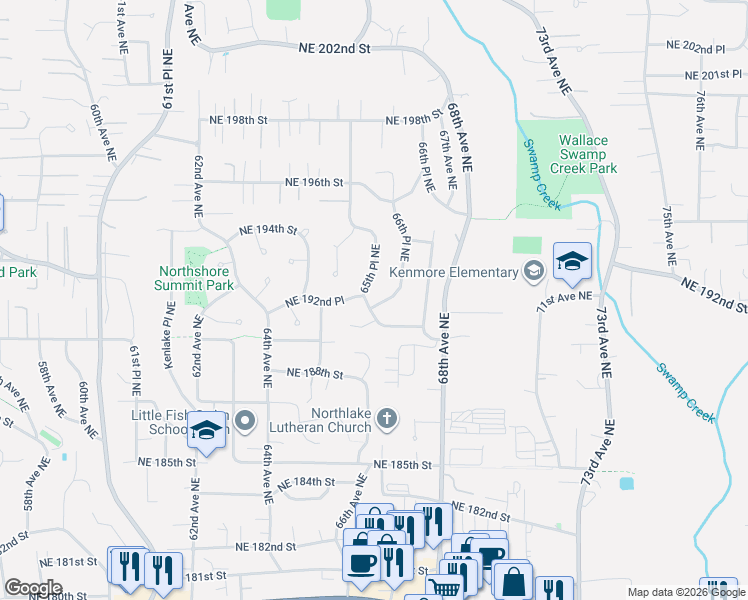 map of restaurants, bars, coffee shops, grocery stores, and more near 19206 65th Place Northeast in Kenmore