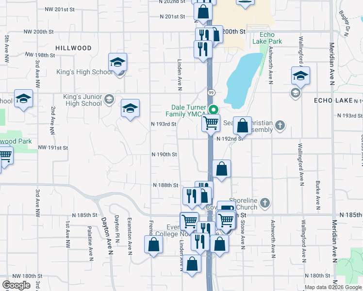 map of restaurants, bars, coffee shops, grocery stores, and more near 19016 Firlands Way North in Shoreline