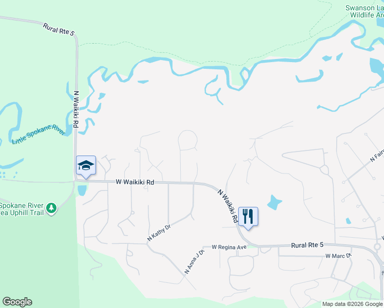 map of restaurants, bars, coffee shops, grocery stores, and more near 12147 North Riverwood Drive in Spokane