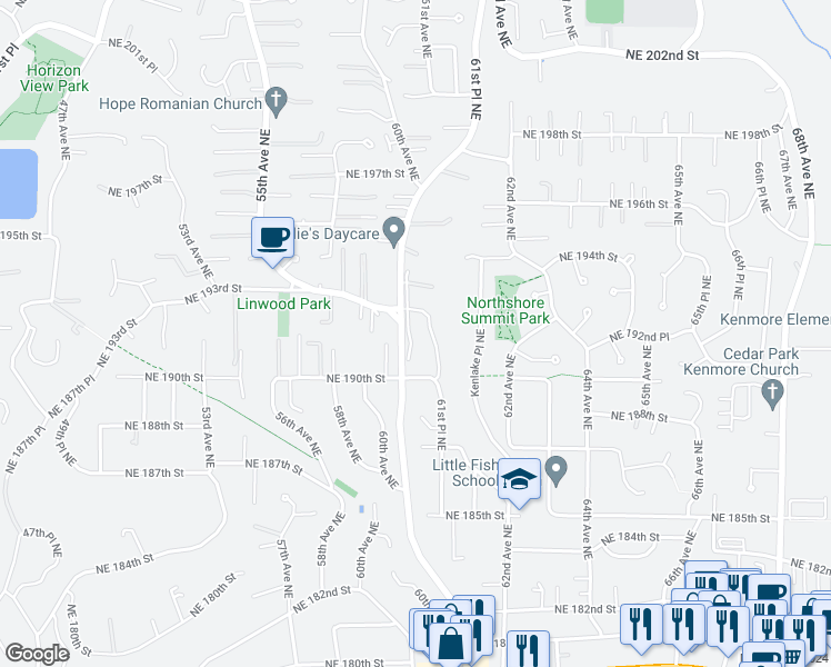 map of restaurants, bars, coffee shops, grocery stores, and more near 19121 61st Place Northeast in Kenmore