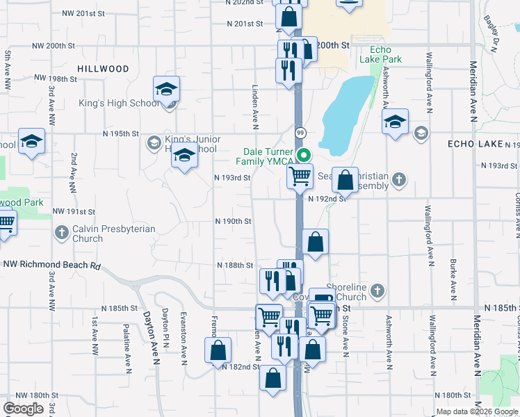 map of restaurants, bars, coffee shops, grocery stores, and more near 19015 Firlands Way North in Shoreline
