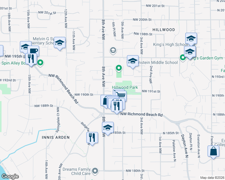 map of restaurants, bars, coffee shops, grocery stores, and more near 710 Northwest 190th Lane in Shoreline