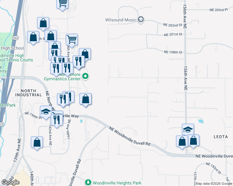map of restaurants, bars, coffee shops, grocery stores, and more near 14816 Northeast 192nd Street in Woodinville