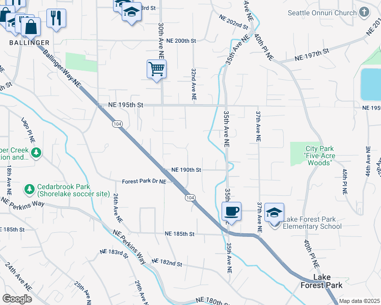 map of restaurants, bars, coffee shops, grocery stores, and more near 19032 32nd Avenue Northeast in Lake Forest Park