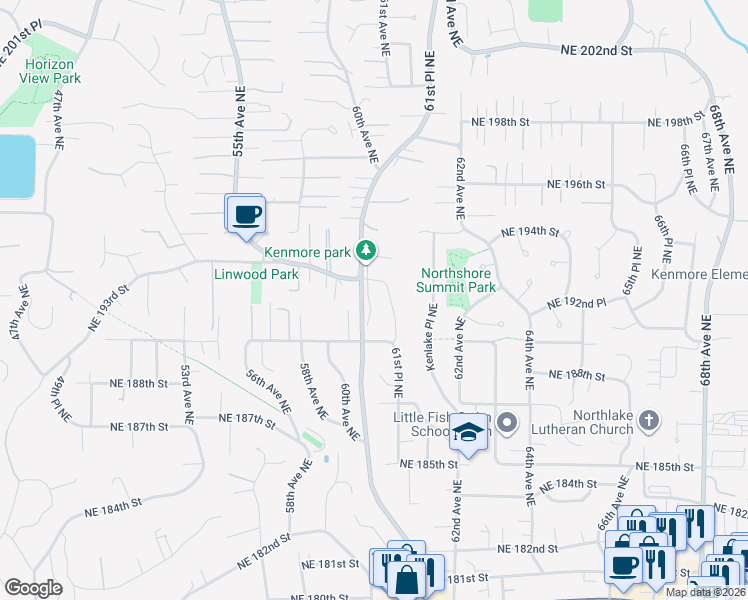 map of restaurants, bars, coffee shops, grocery stores, and more near 19100 61st Avenue Northeast in Kenmore