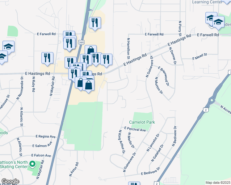 map of restaurants, bars, coffee shops, grocery stores, and more near 12105 North Korey Lane in Spokane
