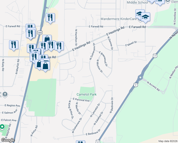 map of restaurants, bars, coffee shops, grocery stores, and more near 12117 North Guinevere Drive in Spokane
