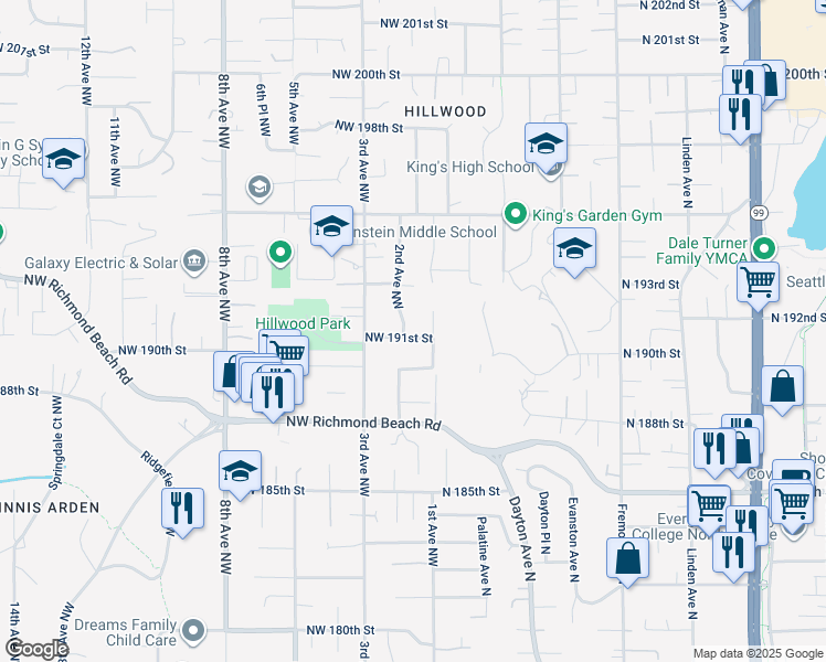map of restaurants, bars, coffee shops, grocery stores, and more near 116 Northwest 191st Street in Shoreline
