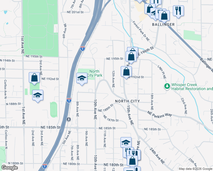 map of restaurants, bars, coffee shops, grocery stores, and more near 1121 Northeast Perkins Way in Shoreline