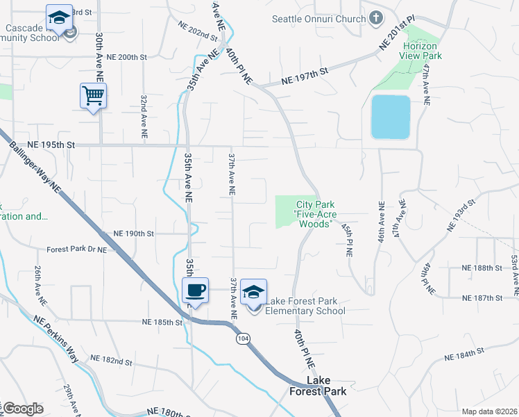 map of restaurants, bars, coffee shops, grocery stores, and more near 3739 Northeast 192nd Street in Lake Forest Park