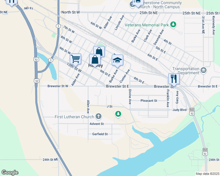 map of restaurants, bars, coffee shops, grocery stores, and more near 301-399 Brewster St E in Harvey