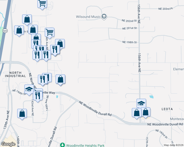 map of restaurants, bars, coffee shops, grocery stores, and more near 14842 Northeast 192nd Street in Woodinville