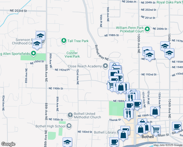 map of restaurants, bars, coffee shops, grocery stores, and more near 19200 93rd Place Northeast in Bothell