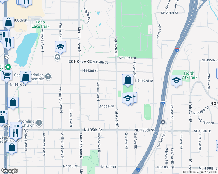 map of restaurants, bars, coffee shops, grocery stores, and more near 19016 Sunnyside Avenue North in Shoreline