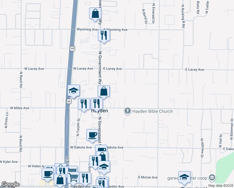 map of restaurants, bars, coffee shops, grocery stores, and more near 196 Maryanna Lane in Hayden