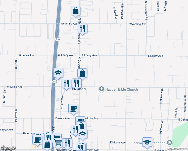 map of restaurants, bars, coffee shops, grocery stores, and more near 196 Maryanna Lane in Hayden