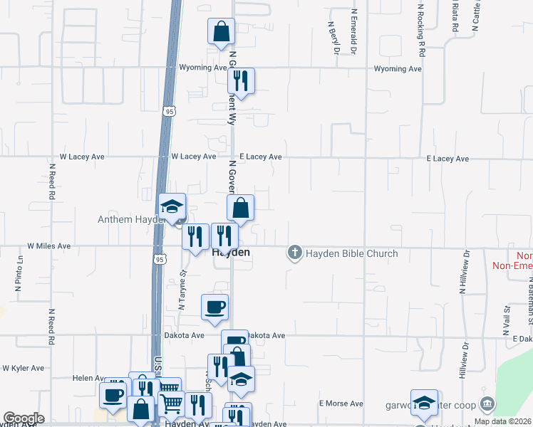 map of restaurants, bars, coffee shops, grocery stores, and more near 196 Maryanna Lane in Hayden