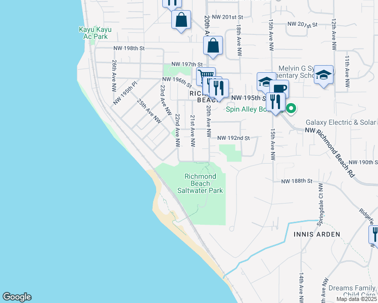 map of restaurants, bars, coffee shops, grocery stores, and more near 19018 22nd Avenue Northwest in Shoreline
