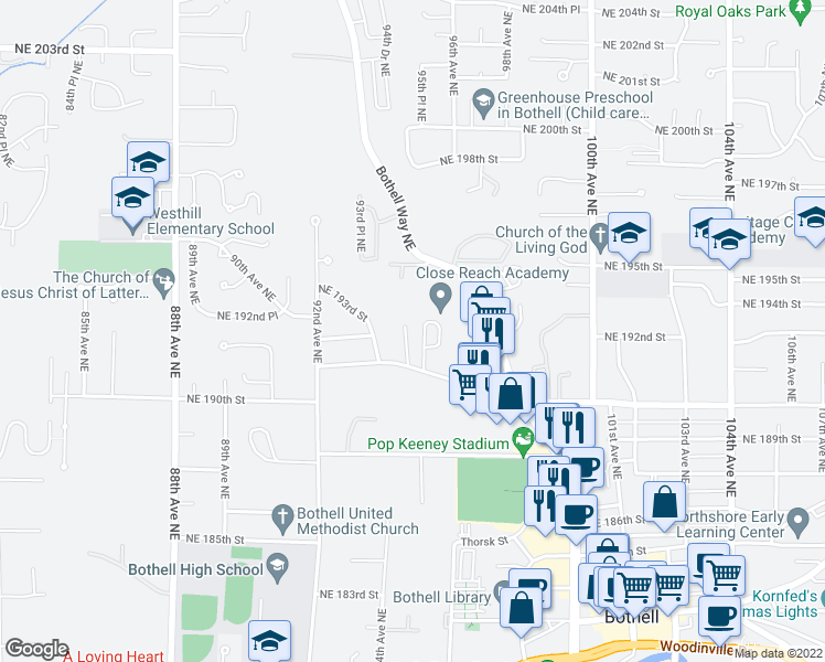 map of restaurants, bars, coffee shops, grocery stores, and more near 19130 94th Place Northeast in Bothell